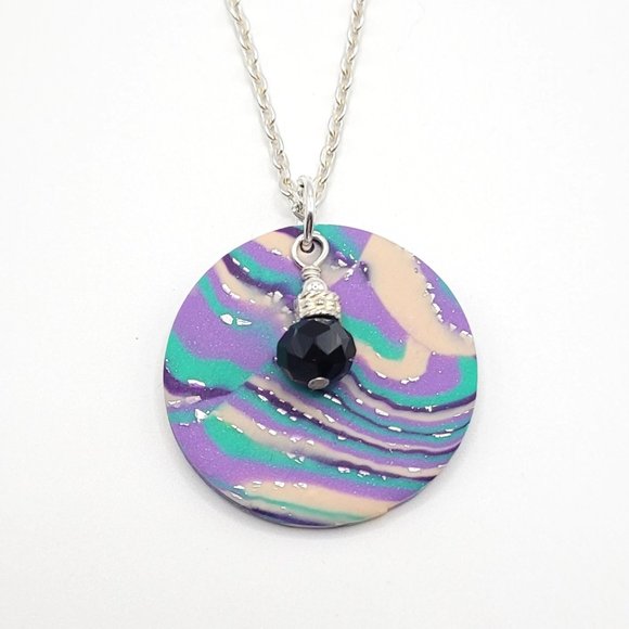 Necklace and Earrings Set - Purple, Teal and Silver - Unique Polymer Clay - Picture 2 of 5
